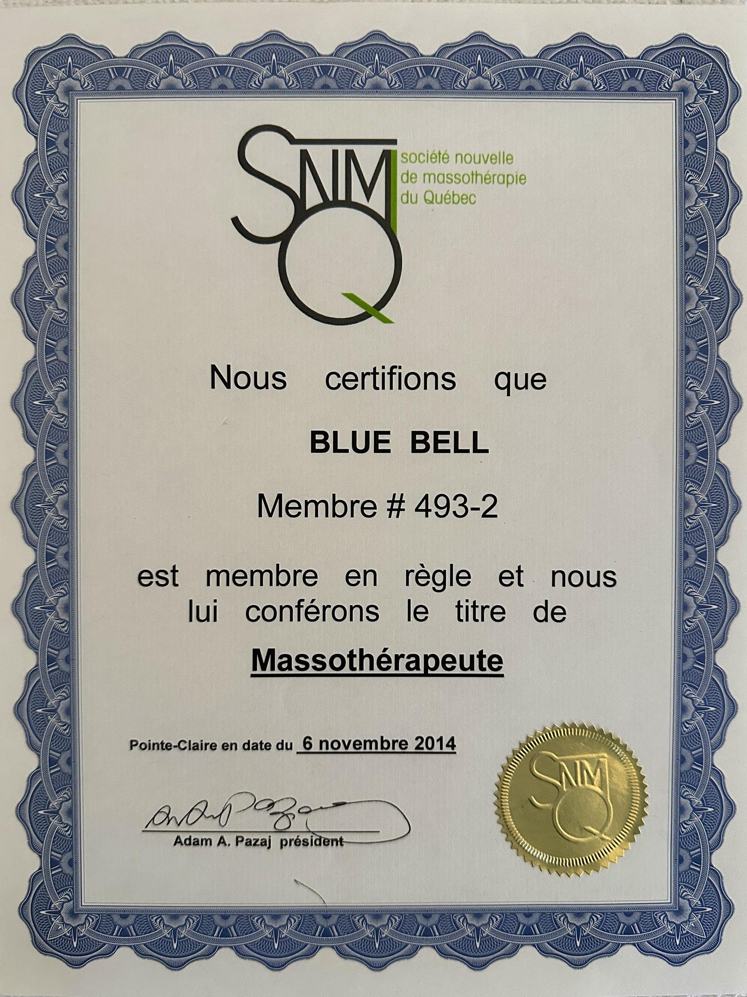 Certification from Société Nouvelle de Massothérapie du Québec